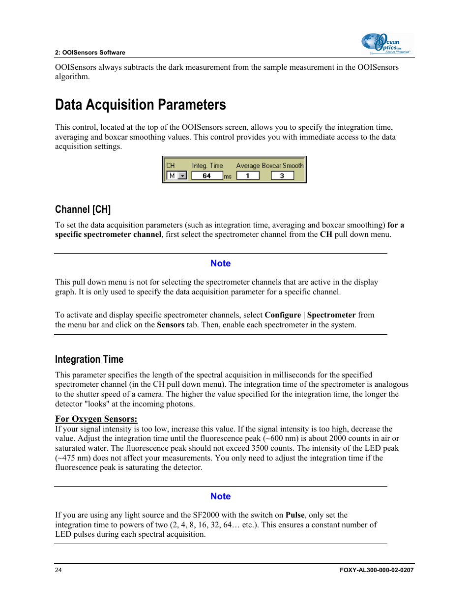 Data acquisition parameters, Channel [ch, Integration time | For oxygen sensors | Ocean Optics OOISensors User Manual | Page 34 / 138