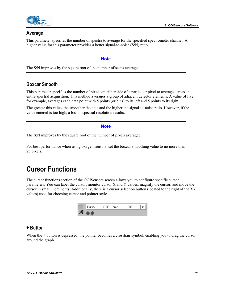 Average, Boxcar smooth, Cursor functions | Button | Ocean Optics OOISensors User Manual | Page 35 / 138
