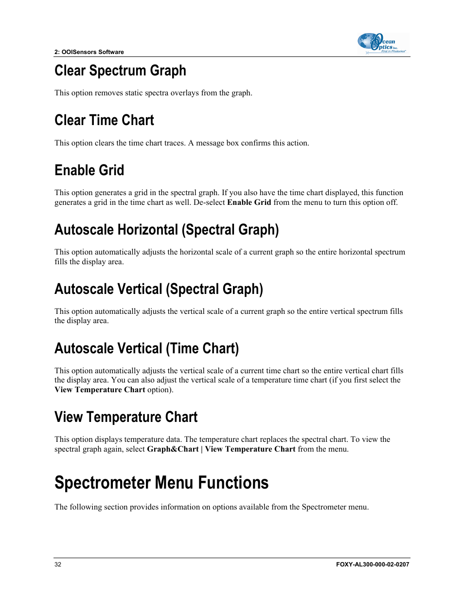 Clear spectrum graph, Clear time chart, Enable grid | Autoscale horizontal (spectral graph), Autoscale vertical (spectral graph), Autoscale vertical (time chart), View temperature chart, Spectrometer menu functions | Ocean Optics OOISensors User Manual | Page 42 / 138