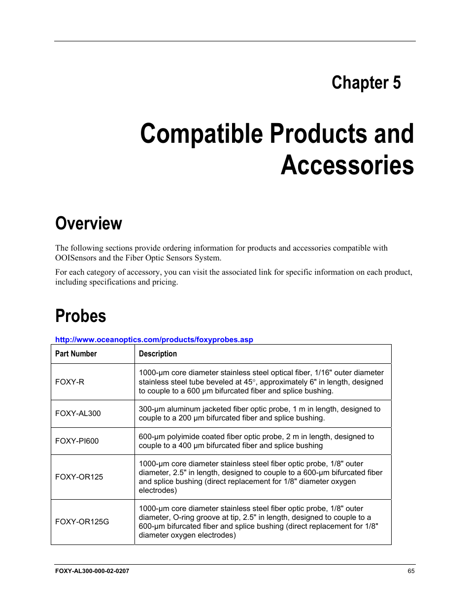 Compatible products and accessories, Overview, Probes | Chapter 5, Overview probes, Compatible products and, Accessories, For information on | Ocean Optics OOISensors User Manual | Page 75 / 138