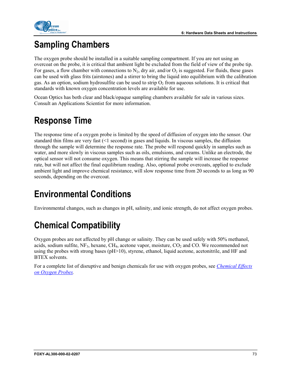 Sampling chambers, Response time, Environmental conditions | Chemical compatibility | Ocean Optics OOISensors User Manual | Page 83 / 138