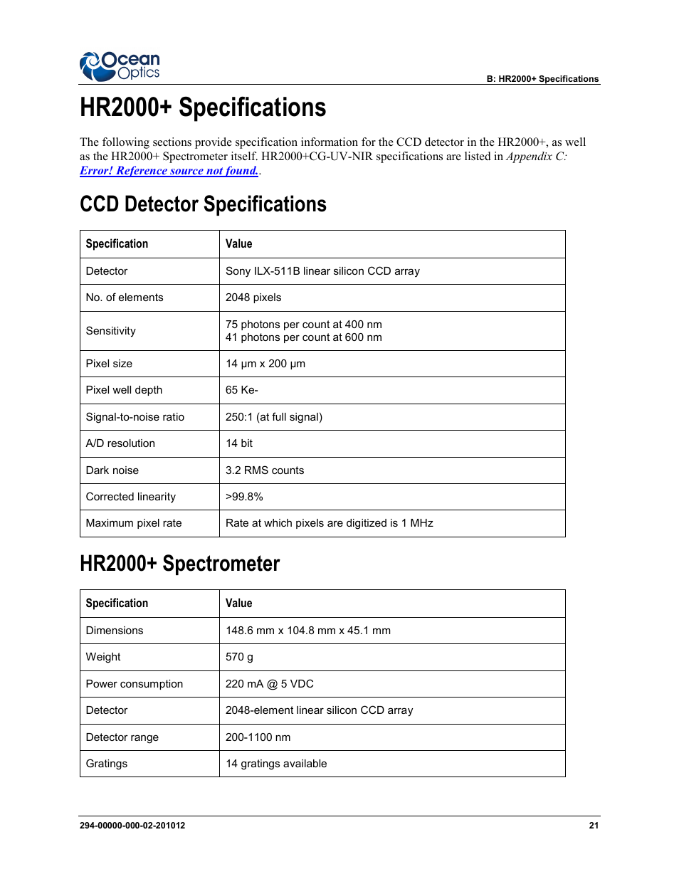 Hr2000+ specifications, Ccd detector specifications hr2000+ spectrometer, Ccd detector specifications | Hr2000+ spectrometer | Ocean Optics HR2000+ Install User Manual | Page 27 / 34