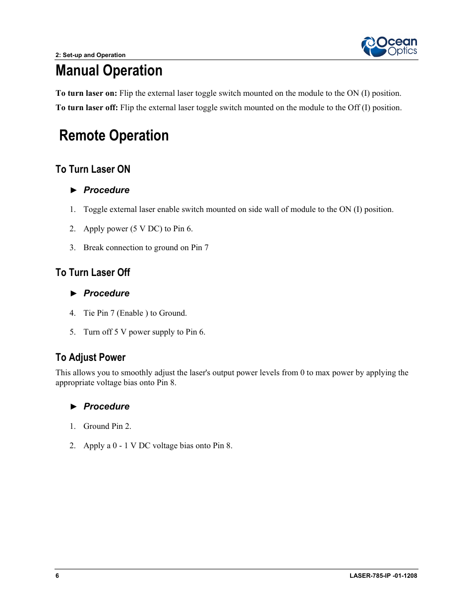 Manual operation, Remote operation, To turn laser on | To turn laser off, To adjust power | Ocean Optics Multimode Spectrum User Manual | Page 14 / 18