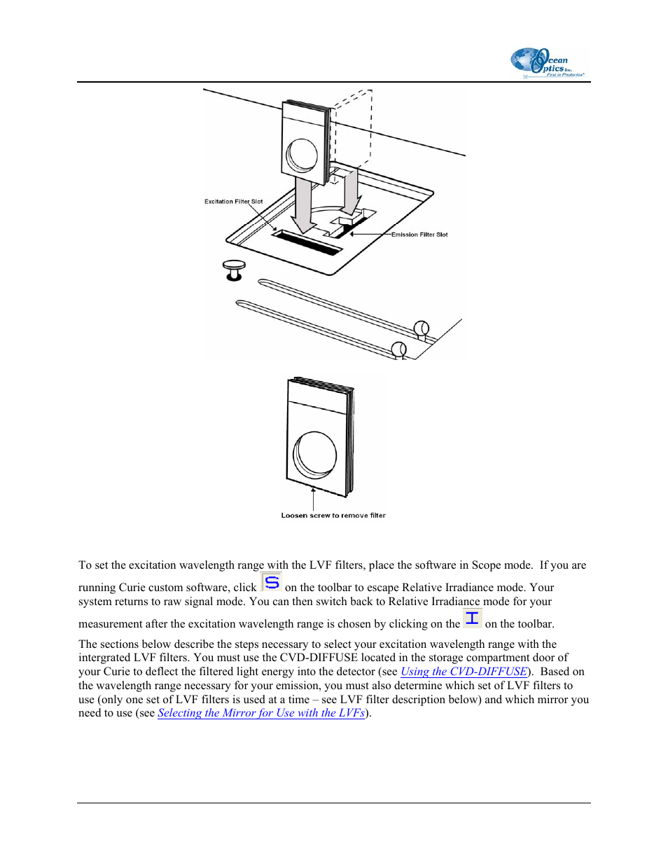 Linear variable bandpass filters – see, Selecting the excitation wavelength range with lvf, Filters | Ocean Optics Curie UV-VIS Emission User Manual | Page 28 / 60