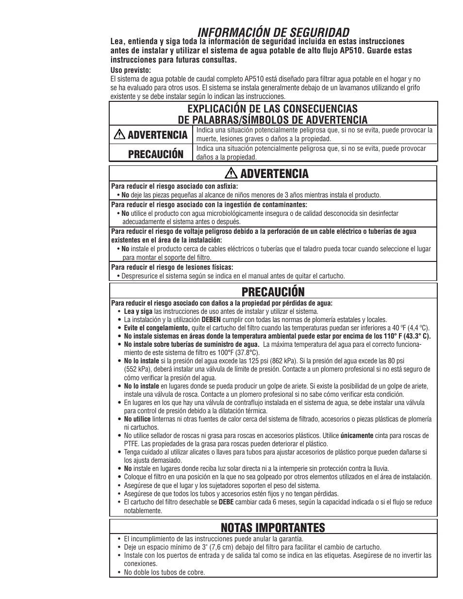 Información de seguridad, Advertencia precaución notas importantes | Aqua-Pure AP510 User Manual | Page 7 / 16