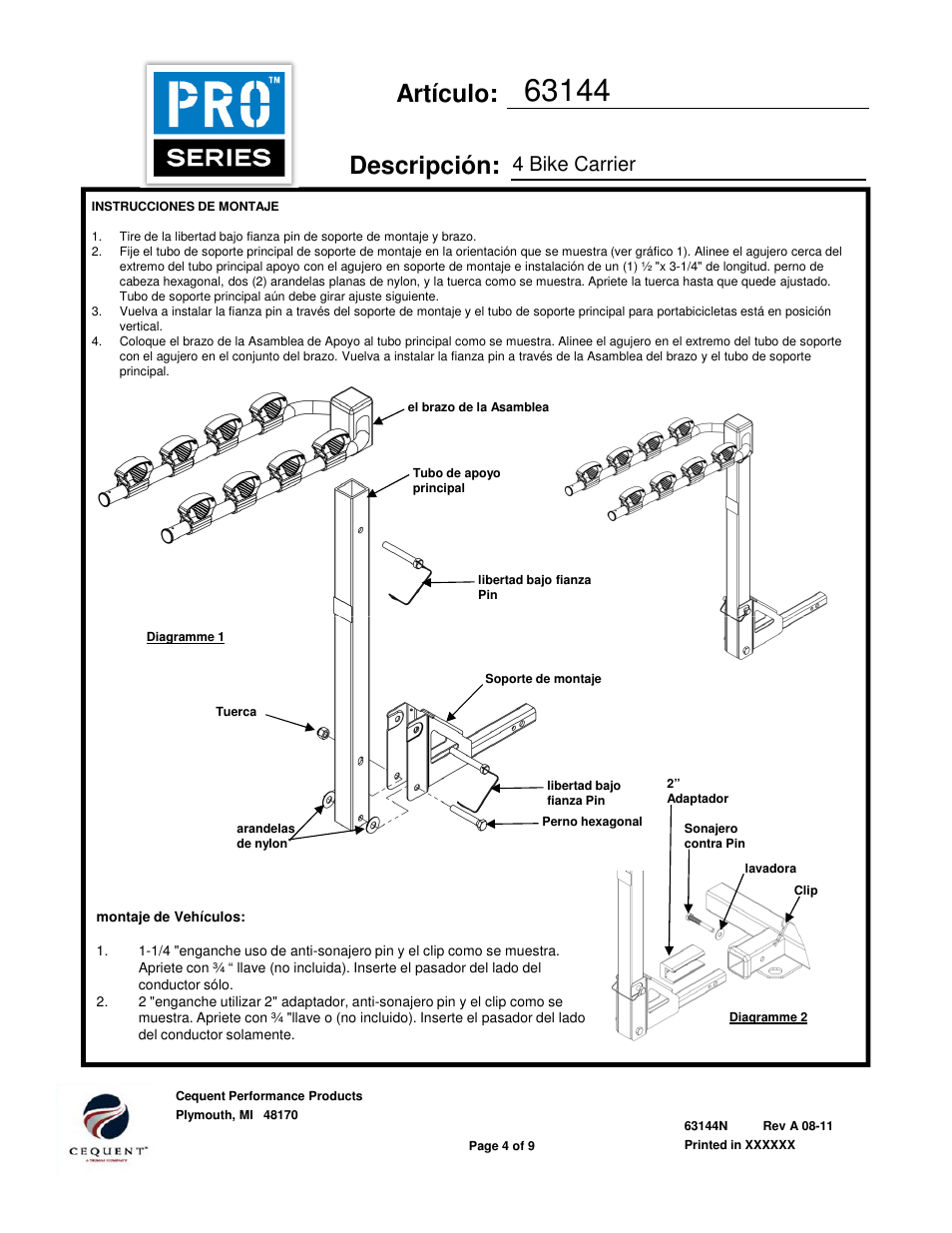 Artículo: descripción, 4 bike carrier | Draw-Tite 63144 BIKE CARRIER TRANSLITE User Manual | Page 4 / 9