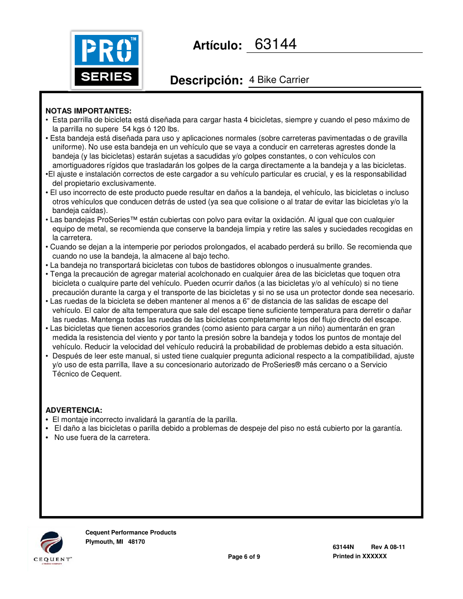 Artículo: descripción, 4 bike carrier | Draw-Tite 63144 BIKE CARRIER TRANSLITE User Manual | Page 6 / 9