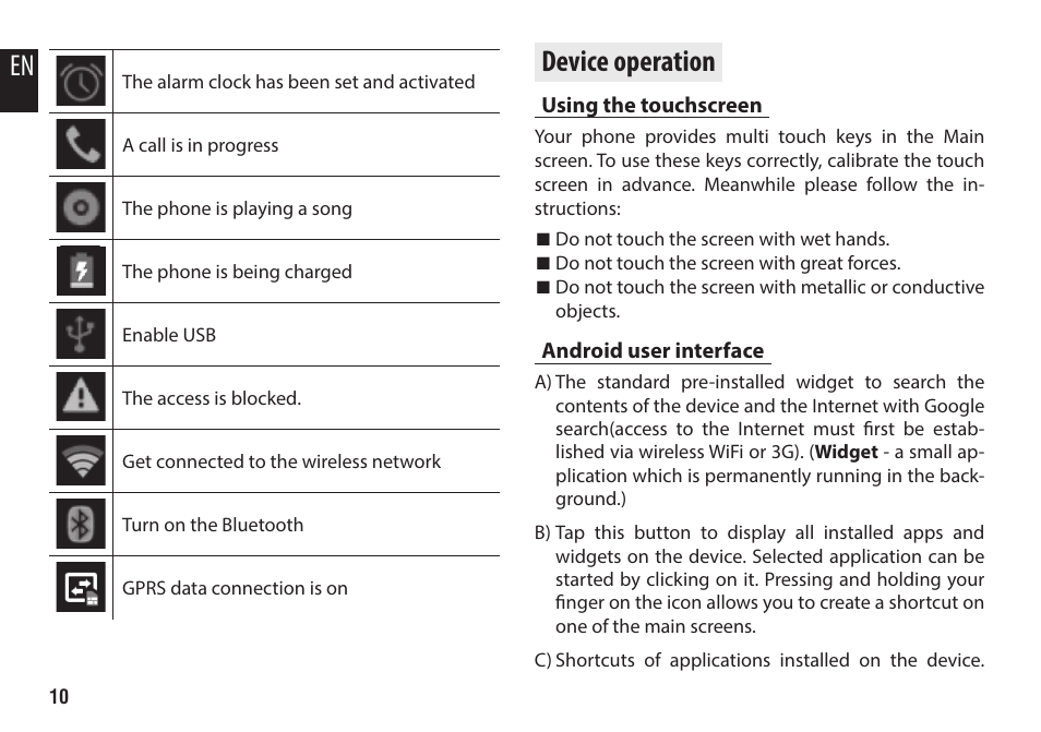 Device operation, Using the touchscreen, Android user interface | En device operation | Media-Tech IMPERIUS N3XT User Manual | Page 10 / 20
