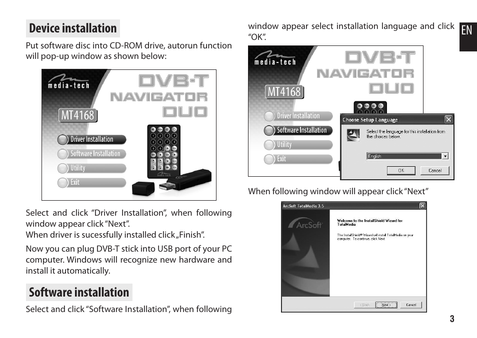 Device installation, Software installation, En device installation | Media-Tech DVB-T NAVIGATOR DUO User Manual | Page 3 / 12