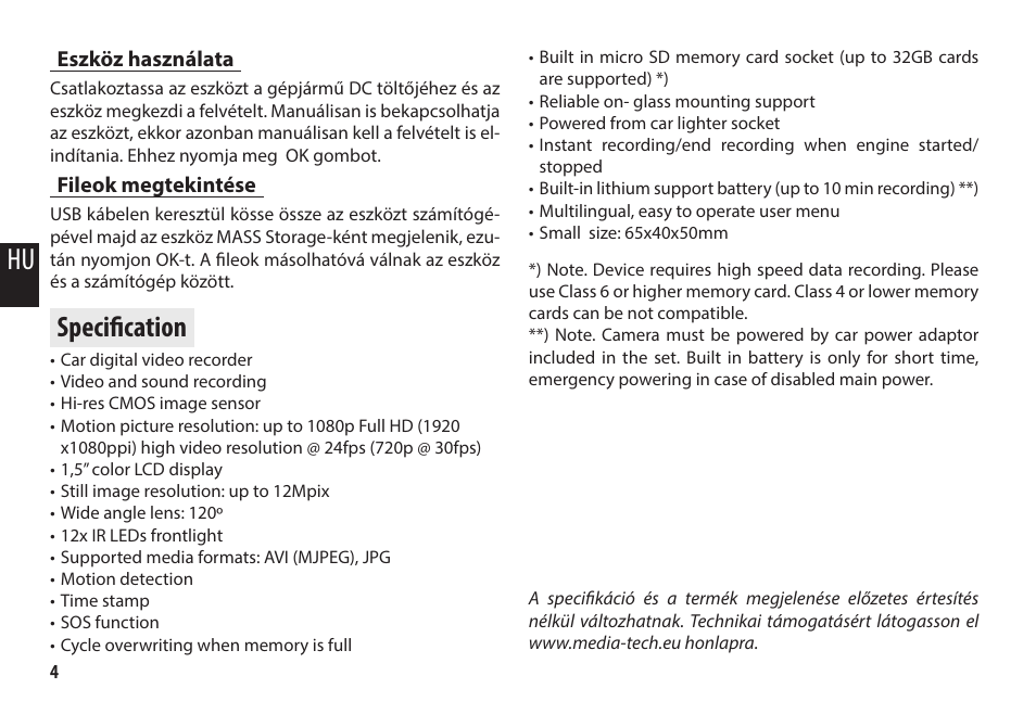 Specification | Media-Tech U-DRIVE UP User Manual | Page 16 / 22