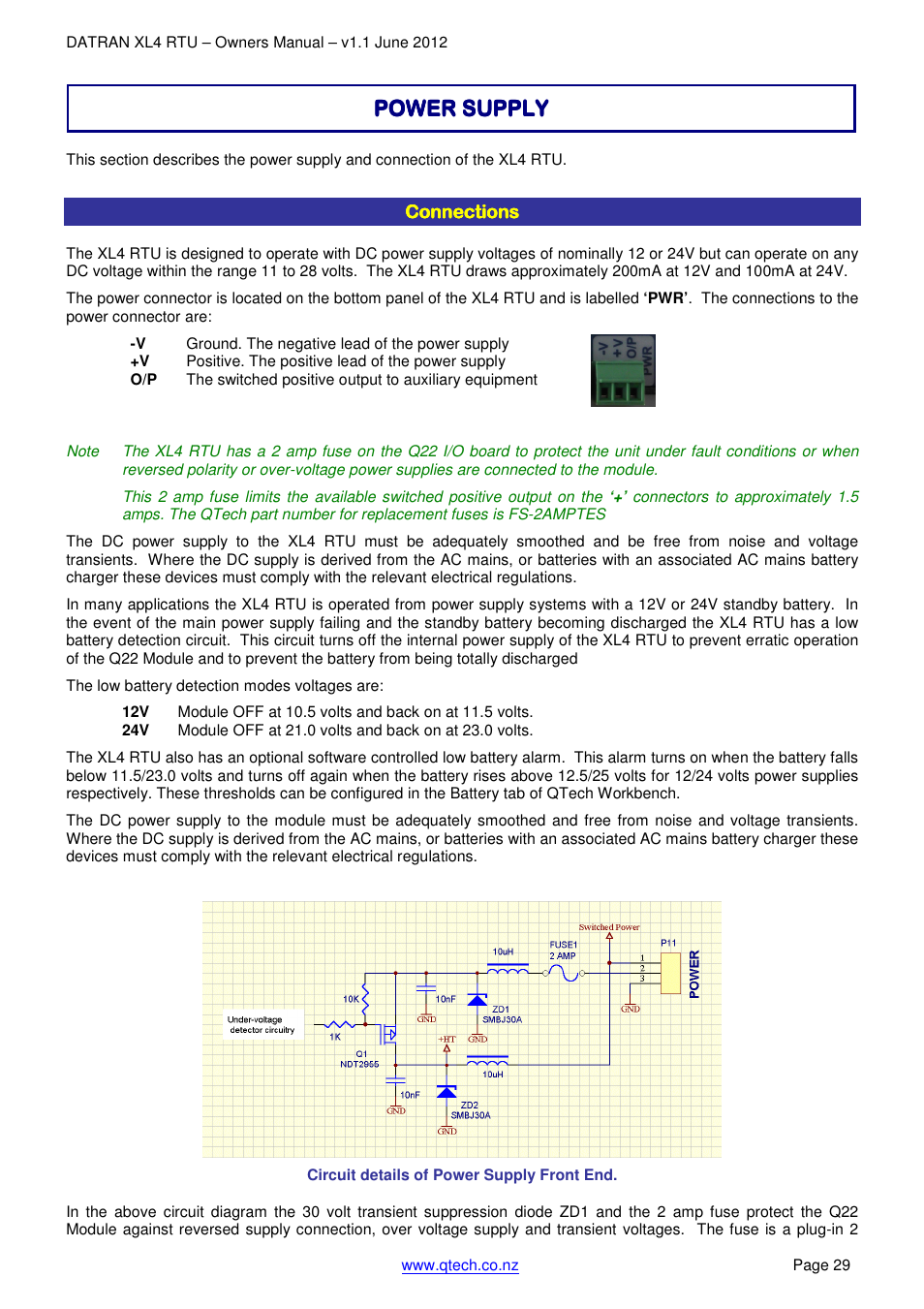 Power supply | QTech Data Systems DNP3 RTU User Manual | Page 29 / 35