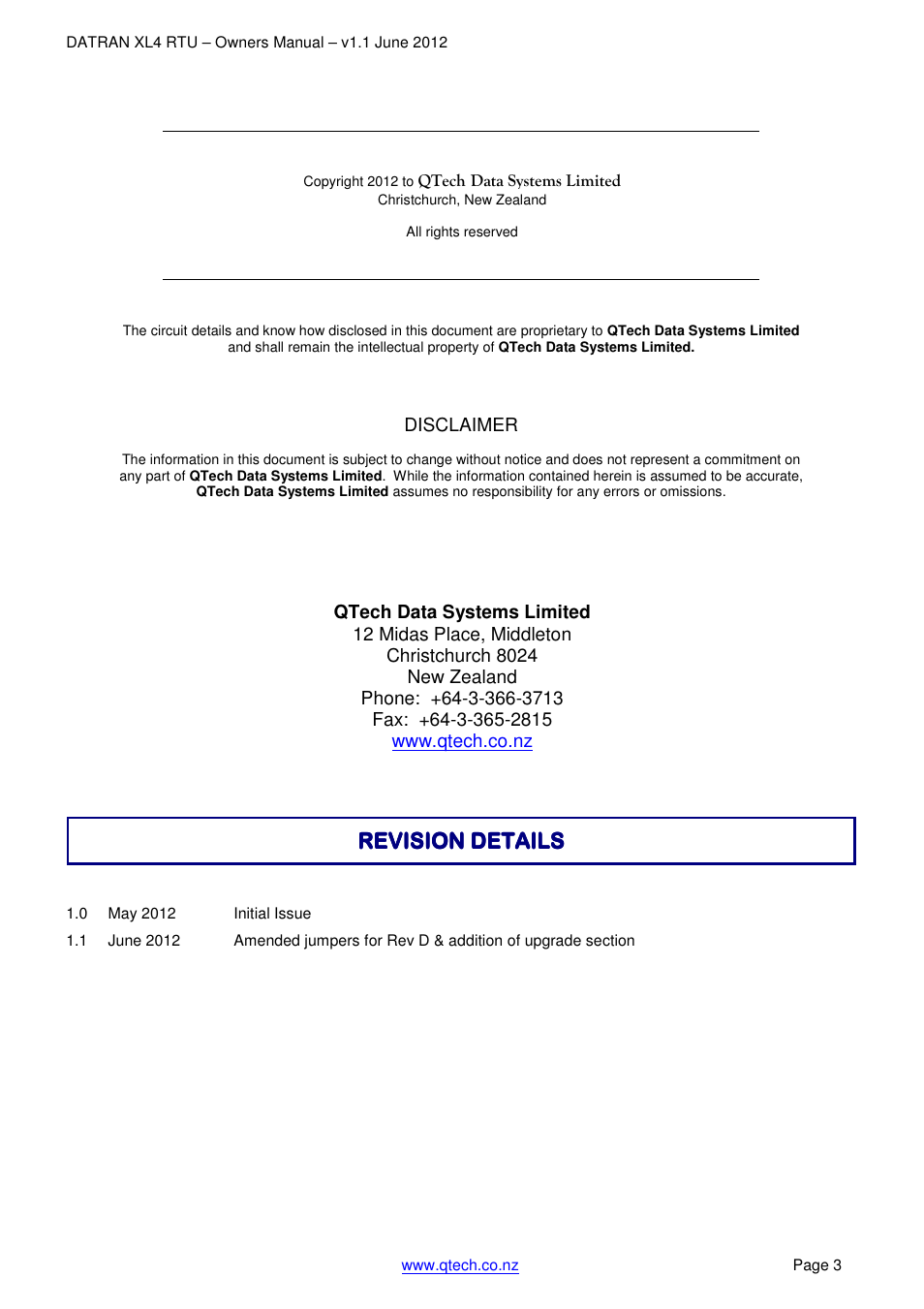 Revision details | QTech Data Systems DNP3 RTU User Manual | Page 3 / 35