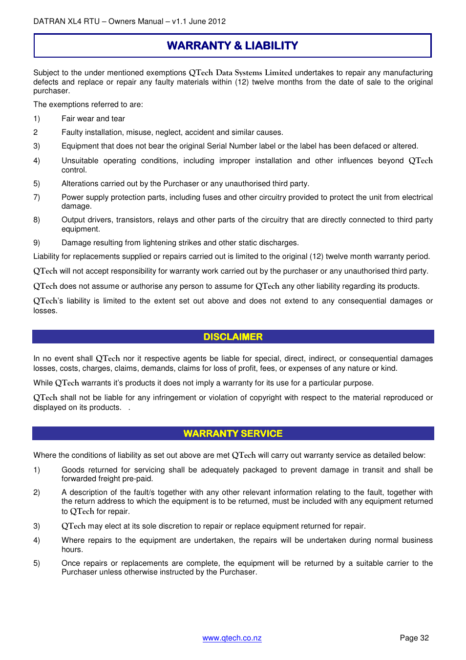 Warranty & liabil, Warranty & liabil warranty & liability ity ity ity | QTech Data Systems DNP3 RTU User Manual | Page 32 / 35