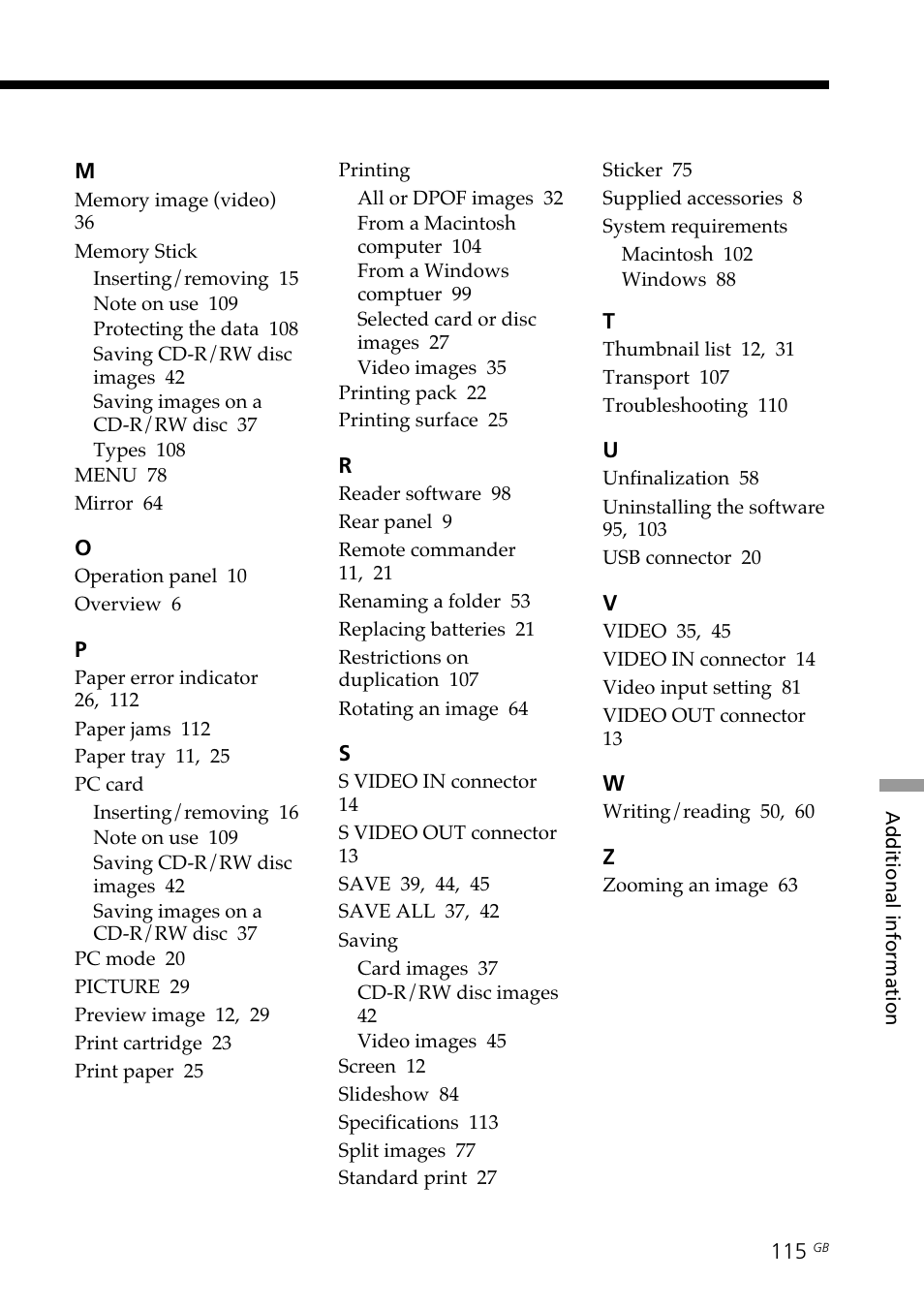 Memory stick, Pc card, Printing | Saving, System requirements | Sony DPP-SV88 User Manual | Page 115 / 344
