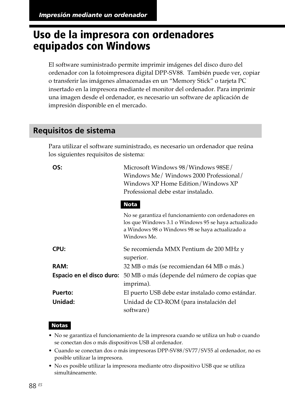 Impresión mediante un ordenador, Requisitos de sistema, Uso de la impresora con ordenadores | Equipados con windows requisitos de sistema | Sony DPP-SV88 User Manual | Page 316 / 344