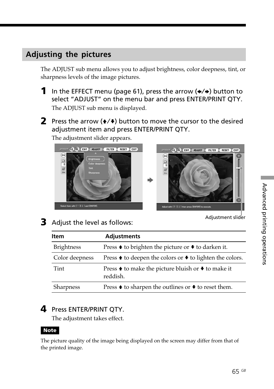 Adjusting the pictures, Adjusting an image | Sony DPP-SV88 User Manual | Page 65 / 344