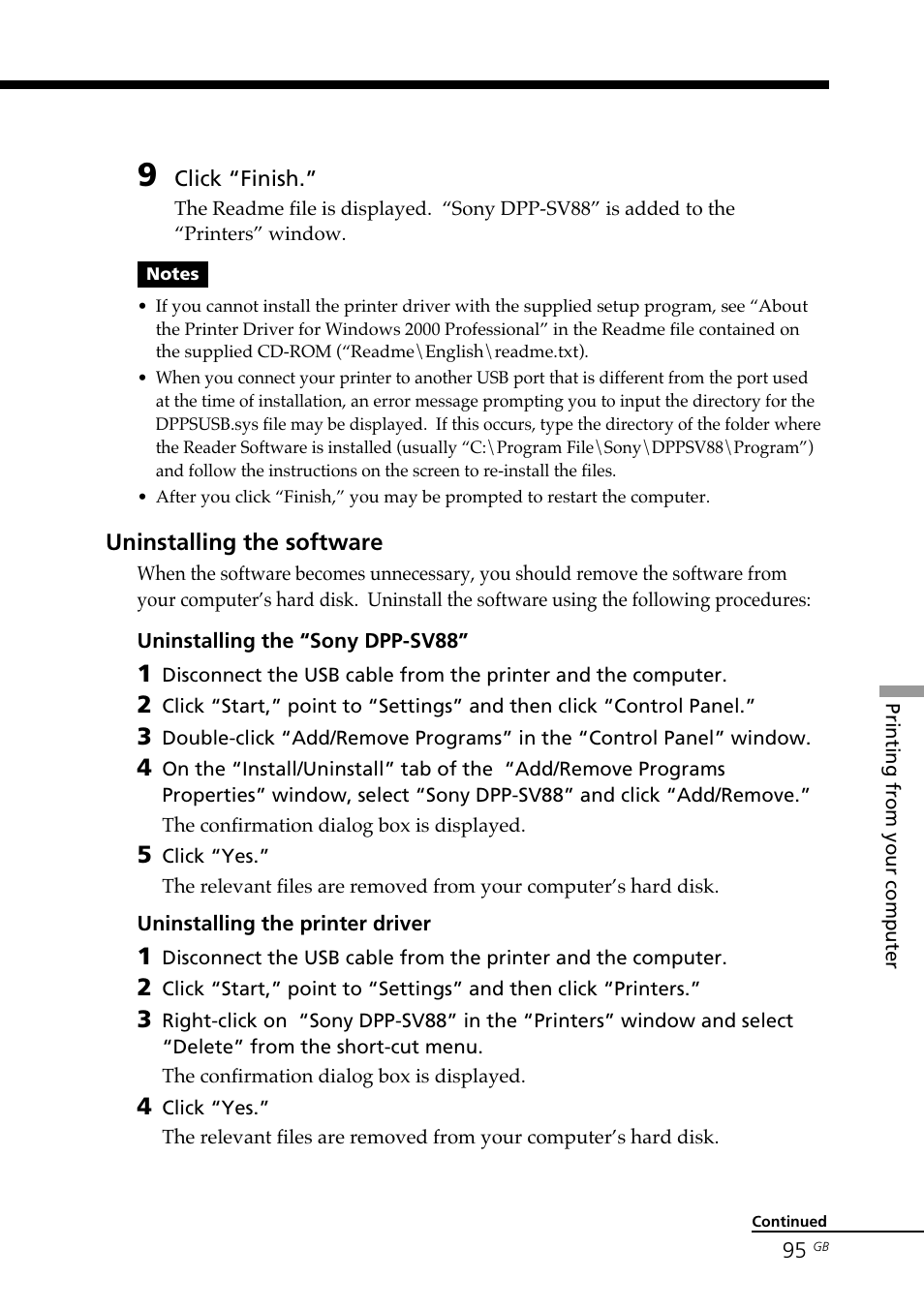 Uninstalling the software | Sony DPP-SV88 User Manual | Page 95 / 344
