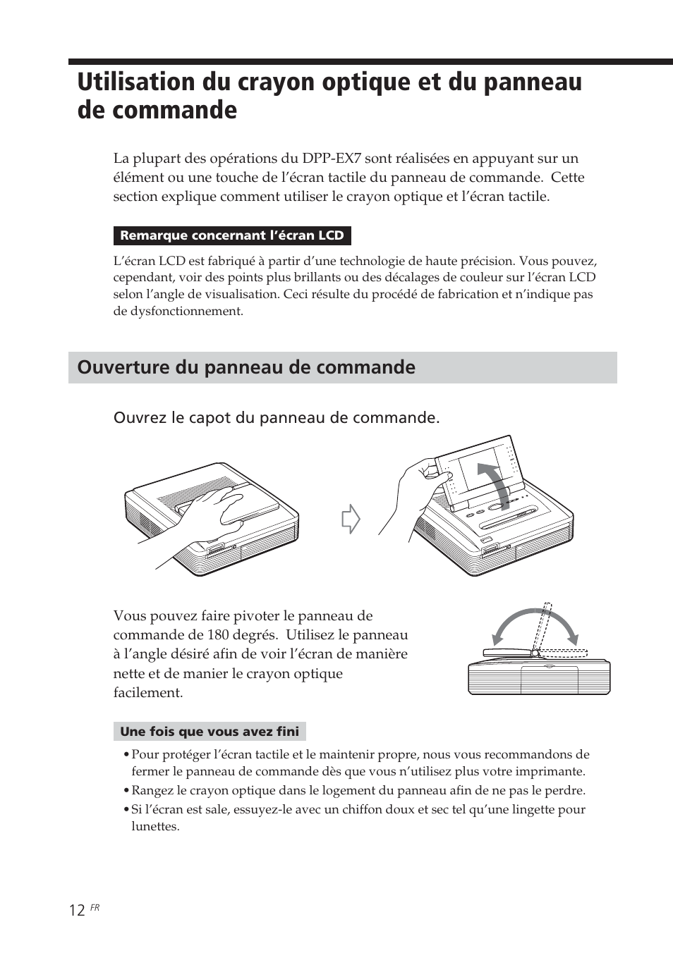 Ouverture du panneau de commande, Utilisation du crayon optique et du, Panneau de commande | Sony DPP-EX7 User Manual | Page 110 / 296