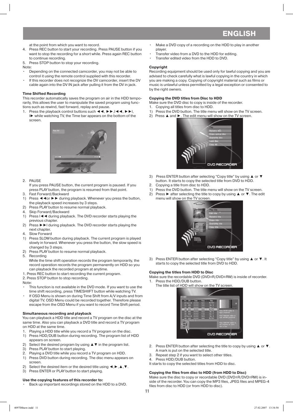 Time shifted recording, Simultaneous recording and playback, Copyright | Copying the dvd titles from disc to hdd, Copying the titles from hdd to disc, Use the copying features of this recorder to, English | Vitek VT-4097 SR User Manual | Page 11 / 104