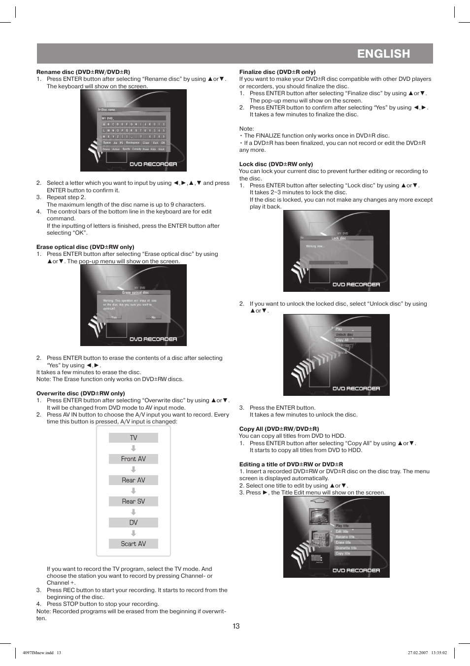 Rename disc (dvd+rw/dvd+r), Finalize disc (dvd+r only), Erase optical disc (dvd+rw only) | Overwrite disc (dvd+rw only), Front av, Rear av, Rear sv, Scart av, Lock disc (dvd+rw only), Copyaii (dvd+rw/dvd+r) | Vitek VT-4097 SR User Manual | Page 13 / 104