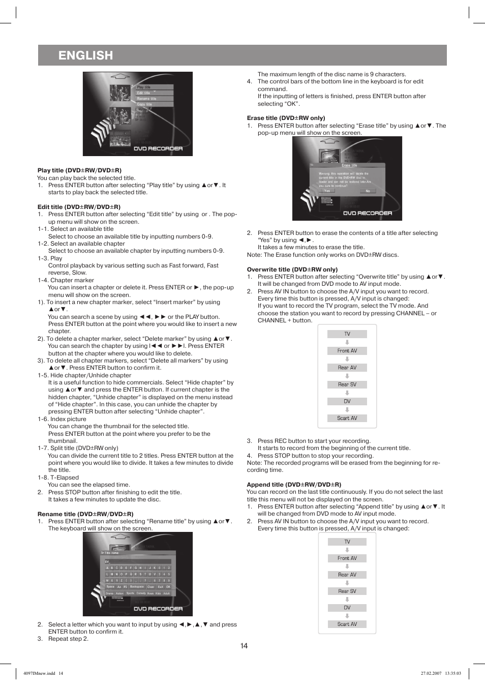 Playtitle (dvd+rw/dvd+r), Erase title (dvd+rw only), Edit title (dvd+rw/dvd+r) | Rename title (dvd+rw/dvd+r), Overwrite title (dvd+rw only), Append title (dvd+rw/dvd+r), English | Vitek VT-4097 SR User Manual | Page 14 / 104