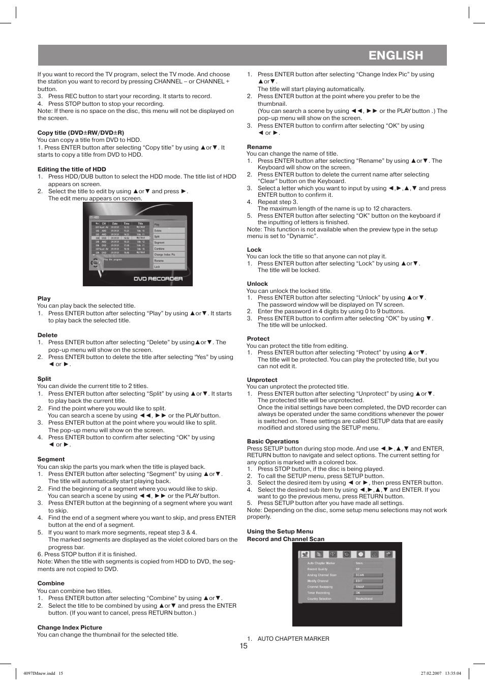Copy title (dvd+rw/dvd+r), Editing the title of hdd, Play | Delete, Split, Segment, Combine, Change index picture, Rename, Lock | Vitek VT-4097 SR User Manual | Page 15 / 104