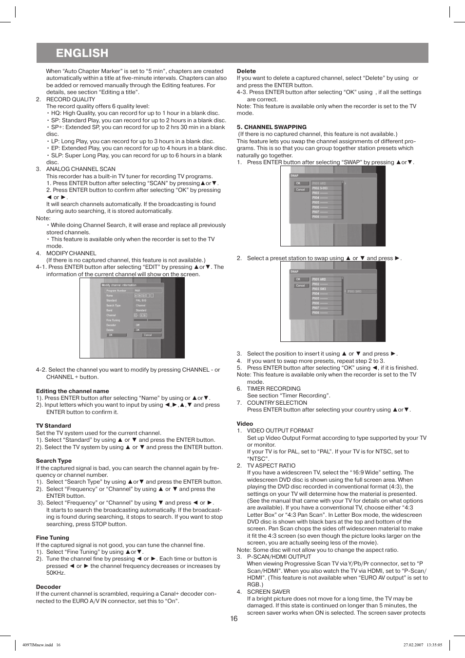 Editing the channel name, Delete, Channel swapping | Tv standard, Search type, Fine tuning, Decoder, Video, English | Vitek VT-4097 SR User Manual | Page 16 / 104
