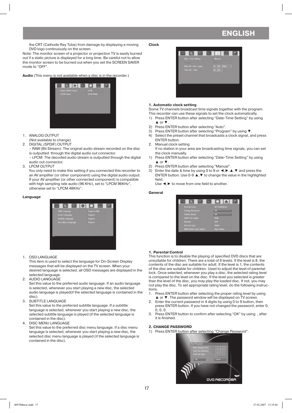 Clock, Automatic clock setting, General | Parental control, Change password, English | Vitek VT-4097 SR User Manual | Page 17 / 104