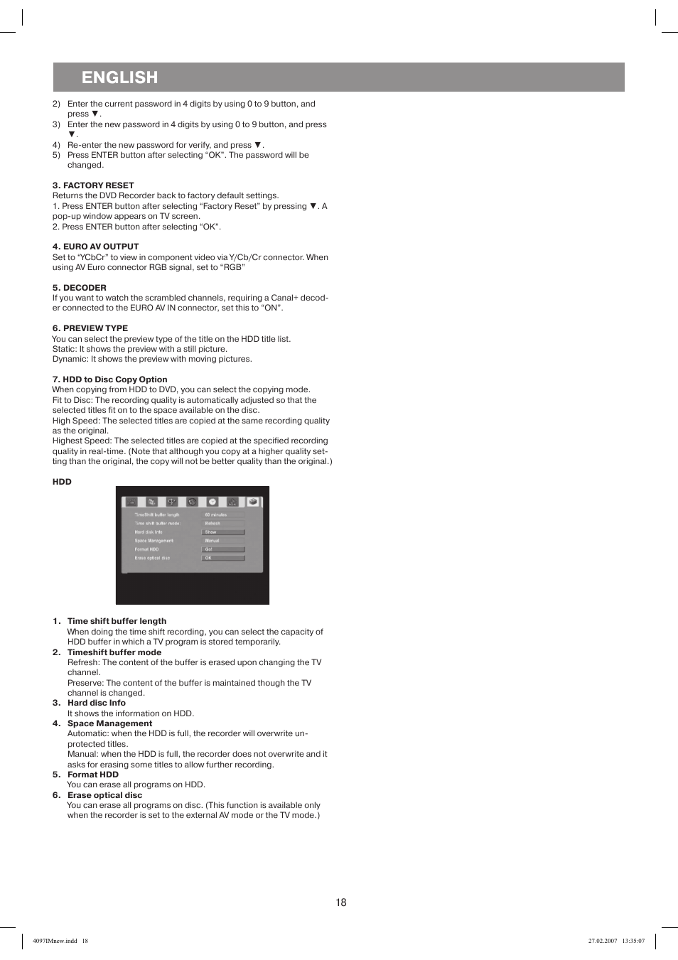 Factory reset, Euroavoutput, Decoder | Previewtype, Hddto disc copy option, Time shift buffer length, Timeshiftbuffermode, Harddiscinfo, Space management, Format hdd | Vitek VT-4097 SR User Manual | Page 18 / 104
