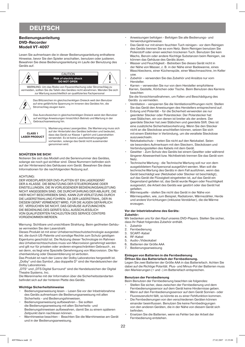Schützen siesich, Wichtige sicherheitshinweise, Vor der inbetriebnahme des geräts | Benutzen der fernbedienung, Deutsch | Vitek VT-4097 SR User Manual | Page 22 / 104