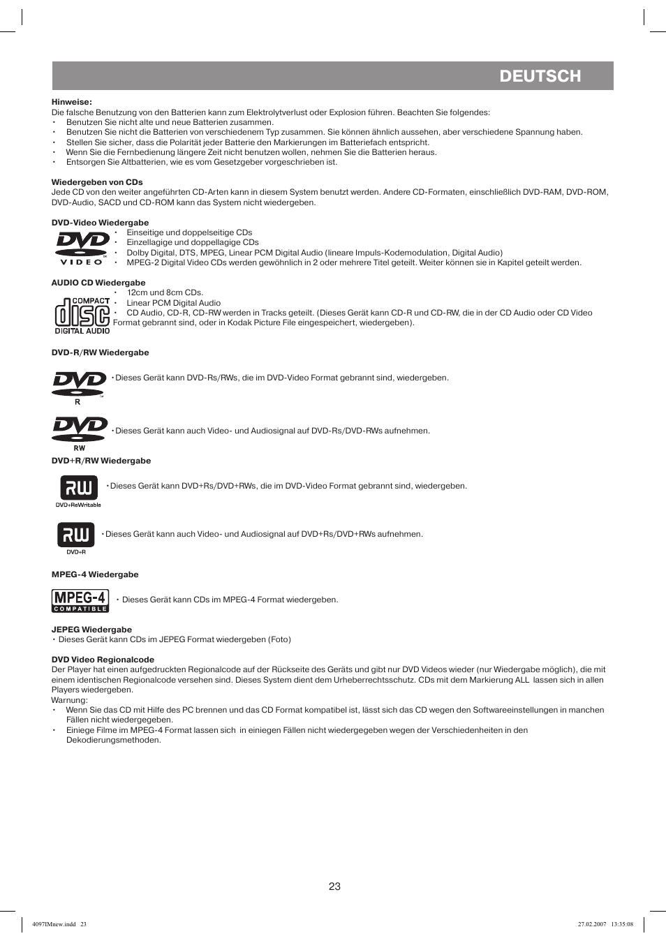 Hinweise, Wiedergeben von cds, Dvd-video wiedergabe | Audio cd wiedergabe, Dvd-r/rw wiedergabe, Dvd+r/rw wiedergabe, Mpeg-4 wiedergabe, Oudiiill, Deutsch, Impeg-4i | Vitek VT-4097 SR User Manual | Page 23 / 104