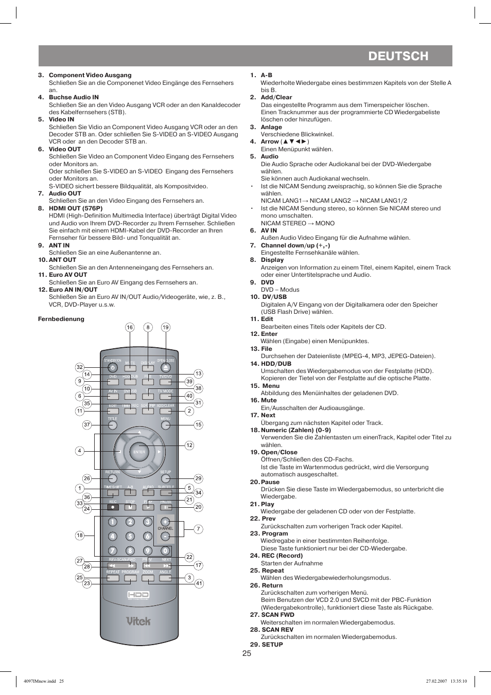 Componentvideoausgang, Buchseaudioin, Videoin | Videoout, Audioout, Hdmiout(576p), Antin, Antout, Euroavout, Euroanin/out | Vitek VT-4097 SR User Manual | Page 25 / 104
