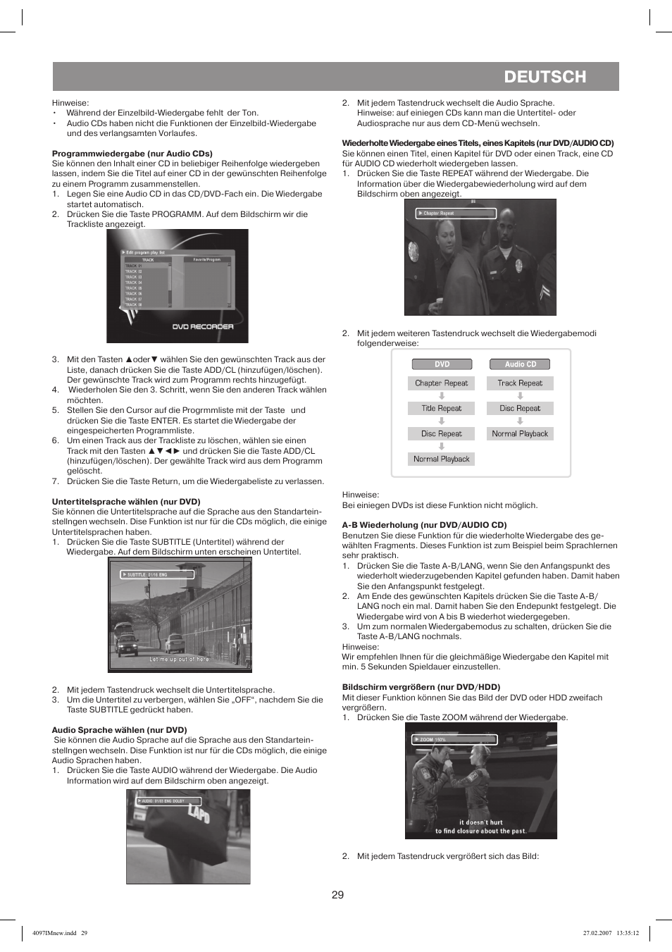 Programmwiedergabe (nur audio cds), Untertitelsprache wählen (nur dvd), A-bwiederholung (nur dvd/audio cd) | Audio sprache wählen (nur dvd), Bildschirm vergrößern (nur dvd/hdd), Deutsch | Vitek VT-4097 SR User Manual | Page 29 / 104