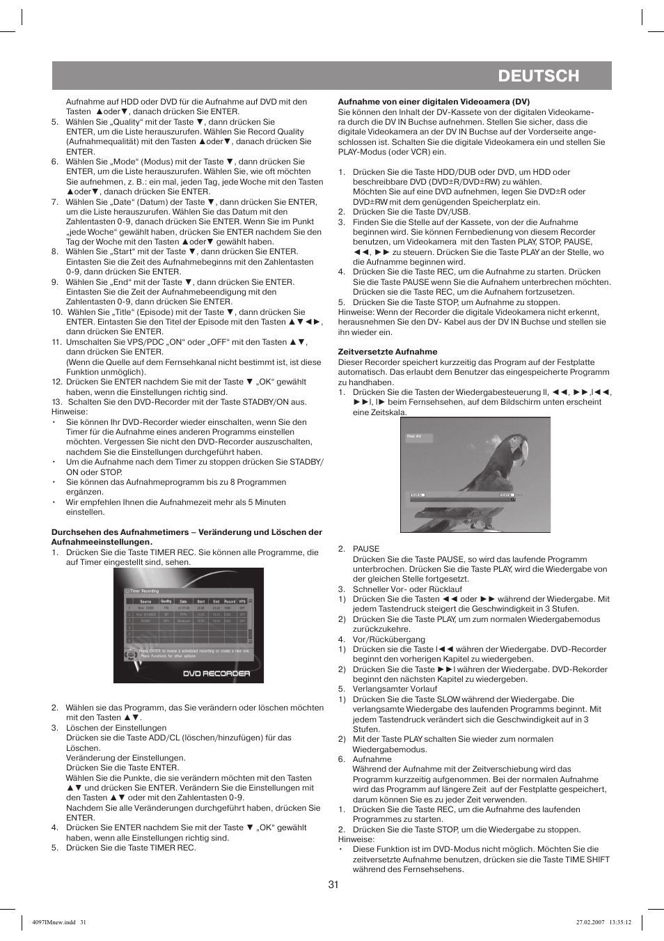 Aufnahme von einer digitalen videoamera (dv), Zeitversetzte aufnahme, Deutsch | Vitek VT-4097 SR User Manual | Page 31 / 104