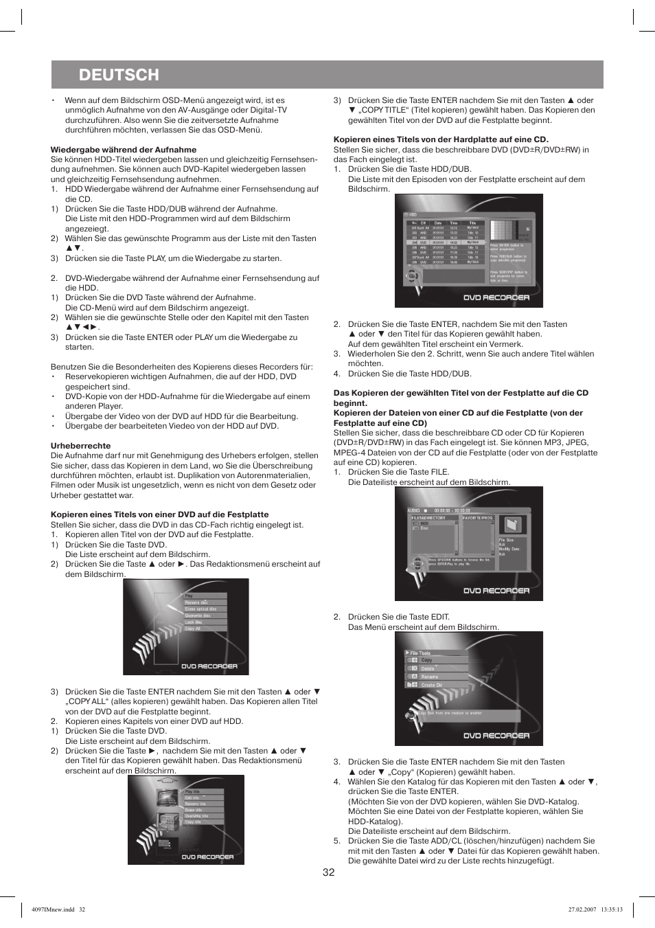 Wiedergabe während der aufnahme, Urheberrechte, A\ju necanoen | Deutsch | Vitek VT-4097 SR User Manual | Page 32 / 104