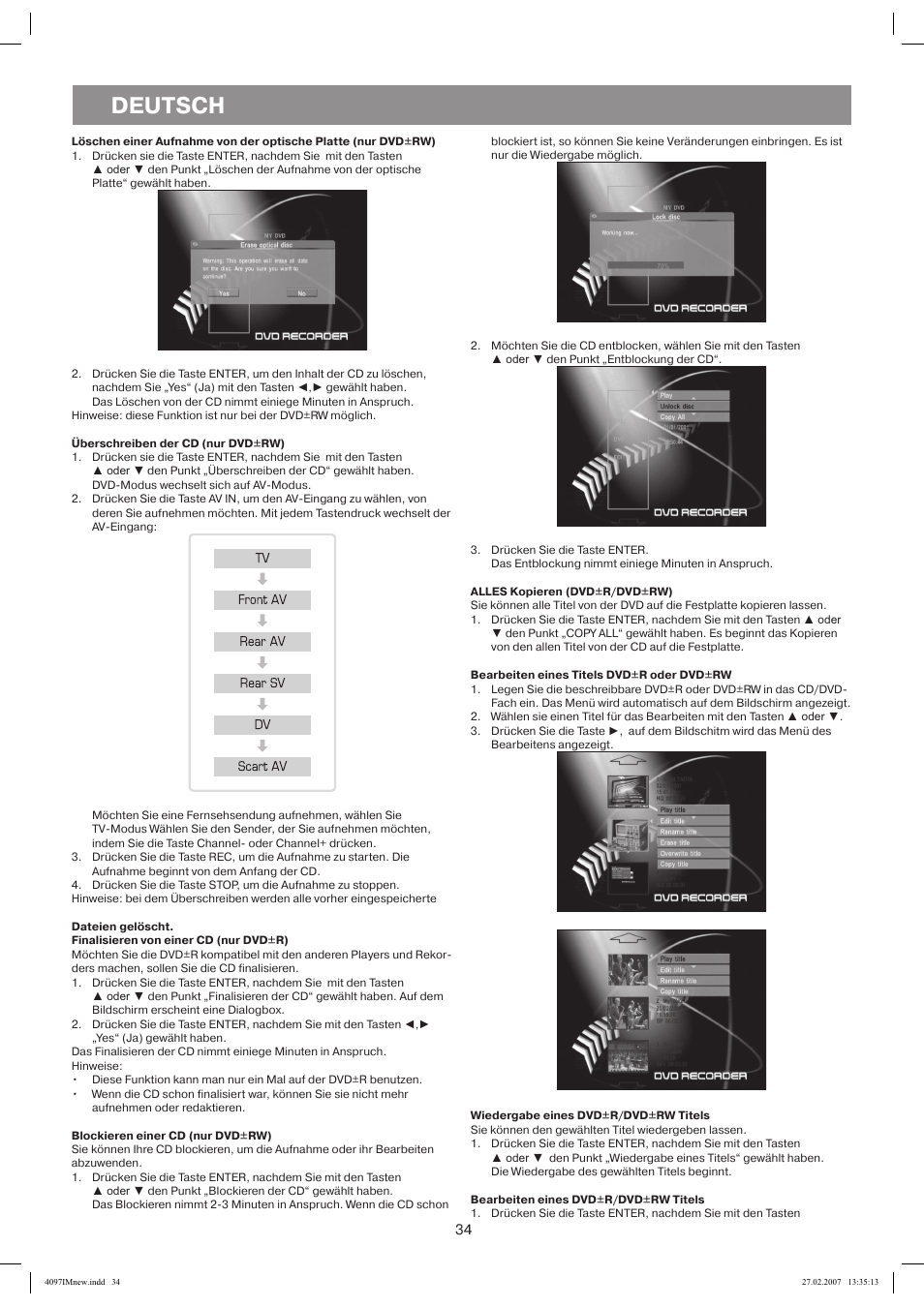 Überschreiben der cd (nur dvd+rw), Front av, Rear av | Alles kopieren (dvd+r/dvd+rw), Blockieren einer cd (nur dvd+rw), Bearbeiten eines titels dvd+r oder dvd+rw, Wiedergabe eines dvd+r/dvd+rw titels, Bearbeiten eines dvd+r/dvd+rw titels, Deutsch | Vitek VT-4097 SR User Manual | Page 34 / 104