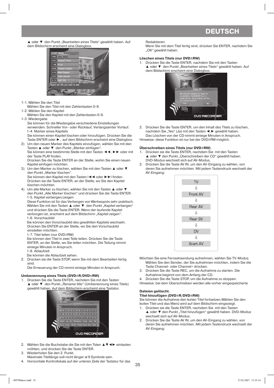 Umbenennung eines titels (dvd+r/dvd+rw), Löschen eines titels (nur dvd+rw), Überschreiben eines titels (nur dvd+rw) | Front av, Rear av, Rear sv, Scart av, Dateien gelöscht, Deutsch | Vitek VT-4097 SR User Manual | Page 35 / 104