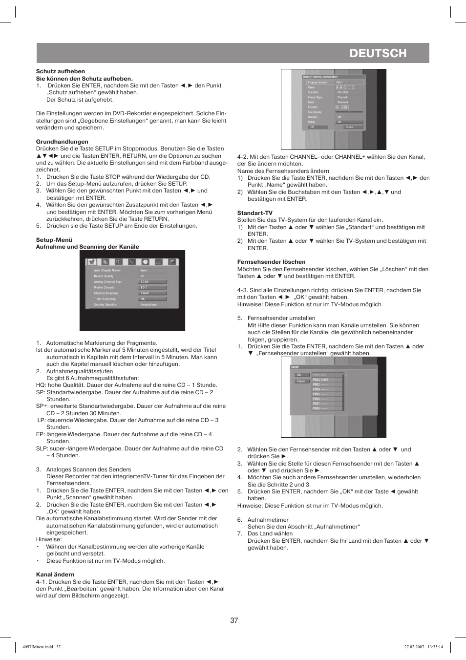 Schutz aufheben, Grundhandlungen, Standart-tv | Fernsehsender löschen, Kanal ändern, Deutsch | Vitek VT-4097 SR User Manual | Page 37 / 104