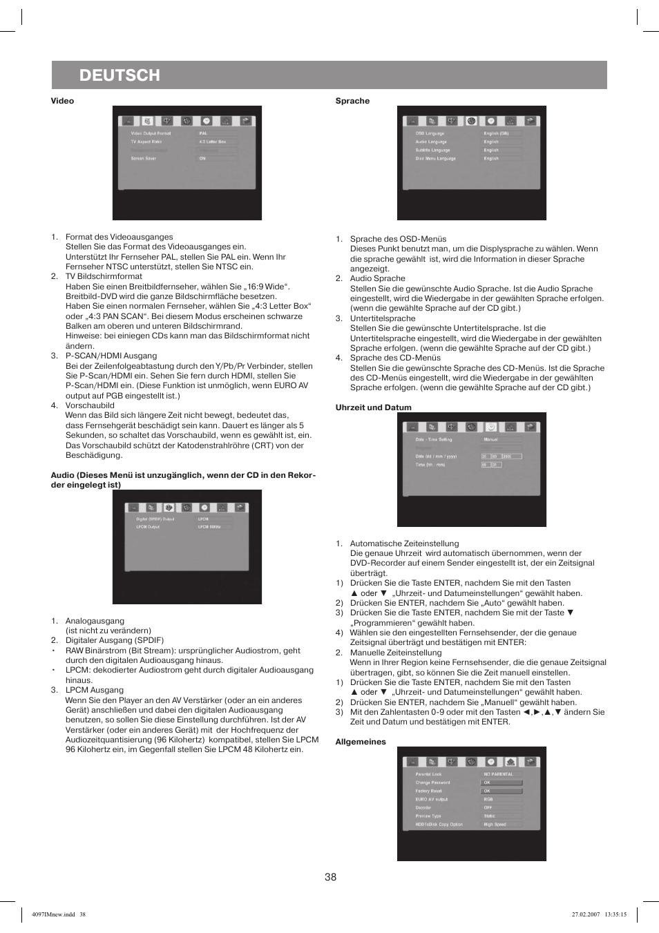 Video, Sprache, Uhrzeit und datum | Allgemeines, Deutsch | Vitek VT-4097 SR User Manual | Page 38 / 104