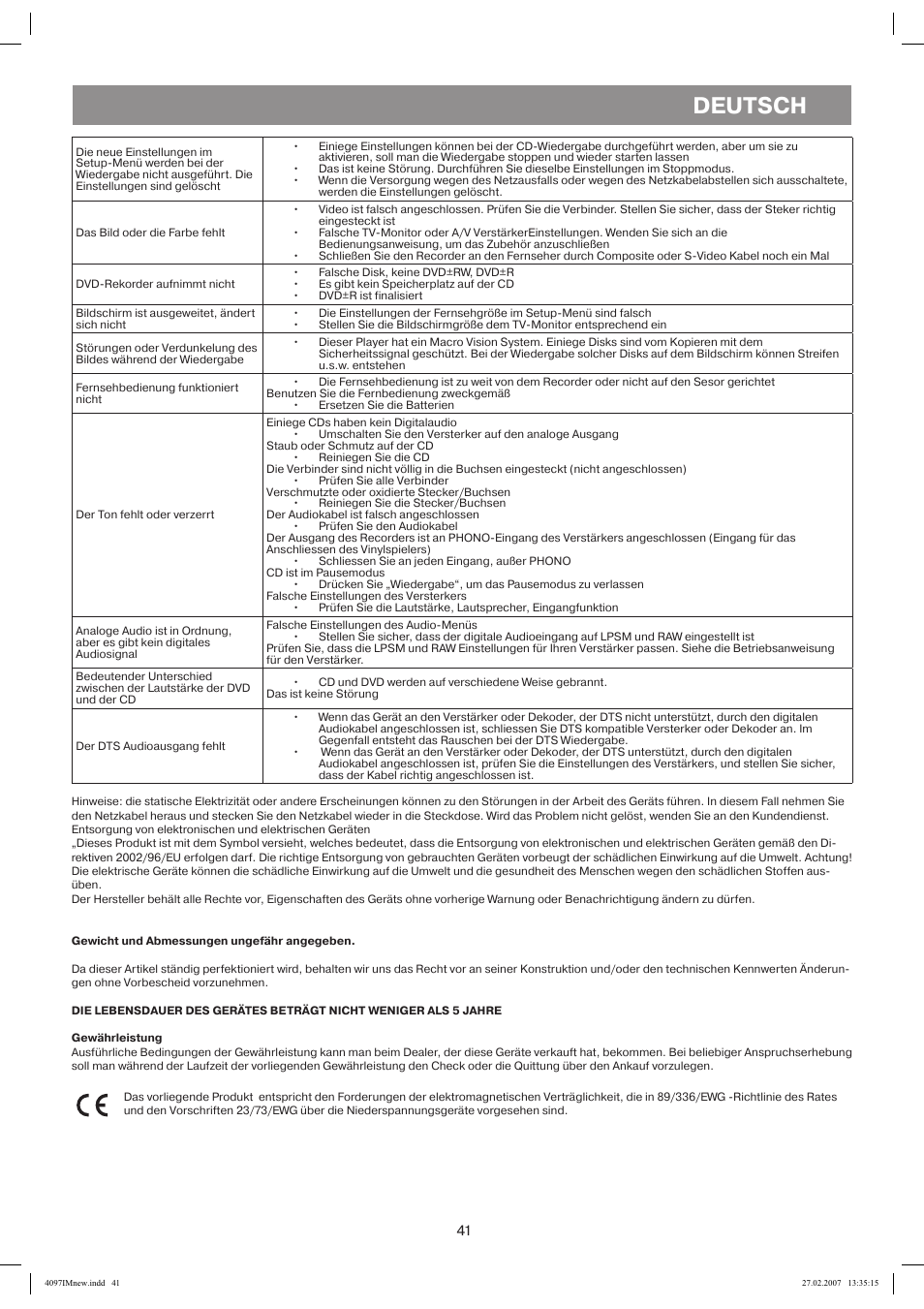 Gewicht undabmessungen ungefähr angegeben, Deutsch | Vitek VT-4097 SR User Manual | Page 41 / 104