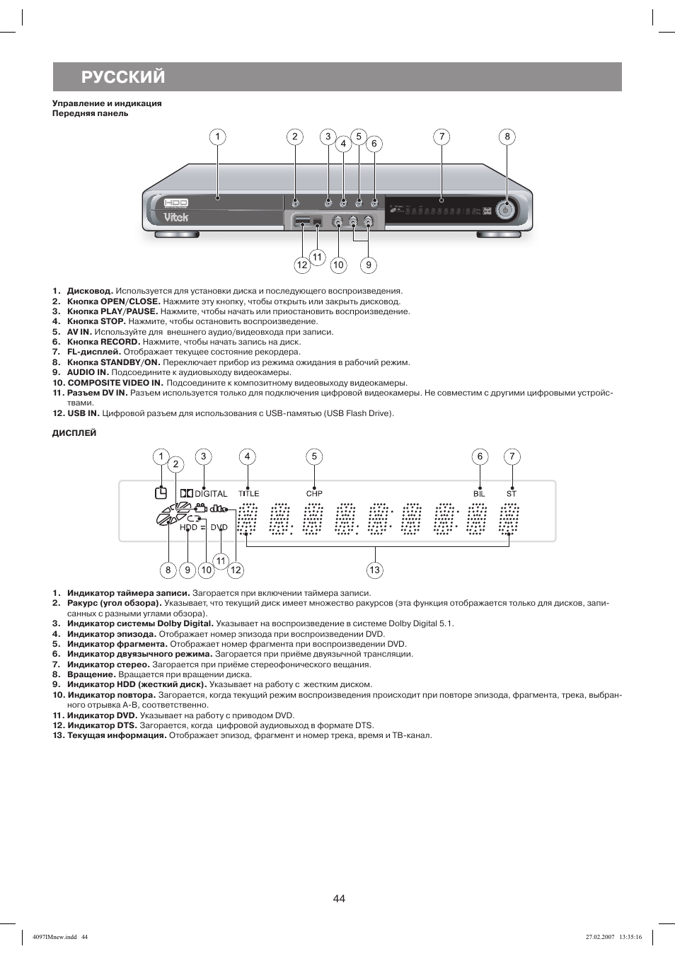 Управление и индикация передняя панель, Дисплеи, Русским | Vitek VT-4097 SR User Manual | Page 44 / 104