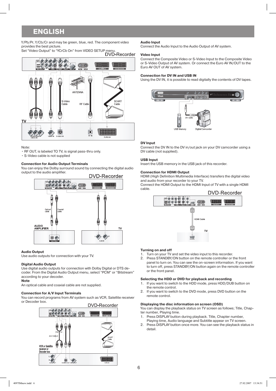 Connection foraudio output terminals, Connection for dv in and usb in, Dvinput | Usb input, Connection for hdmi output, Audio output, Digital audio output, Note, Connection fora/v input terminals, Vcr or satellite receiver or decoder box | Vitek VT-4097 SR User Manual | Page 6 / 104