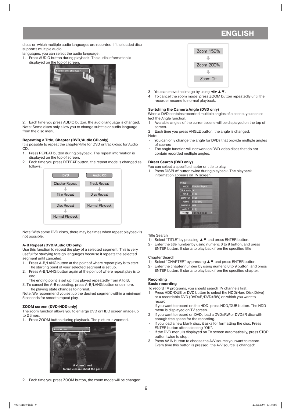 Repeating a title, chapter (dvd/audio cd only), A-b repeat (dvd/audio cd only), Zoom screen (dvd/hdd only) | Switching the camera angle (dvd only), Direct search (dvd only), Recording basic recording, English | Vitek VT-4097 SR User Manual | Page 9 / 104