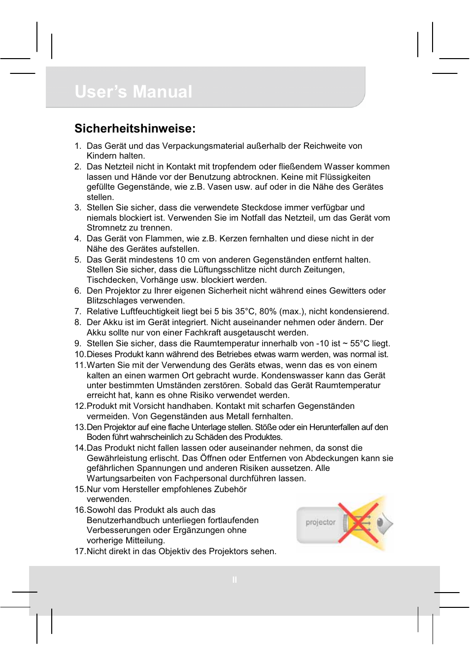 User’s manual, Sicherheitshinweise | AIPTEK MobileCinema i50S User Manual | Page 2 / 65