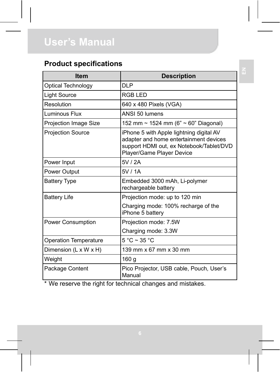 User’s manual, Product specifications | AIPTEK MobileCinema i55 User Manual | Page 12 / 83