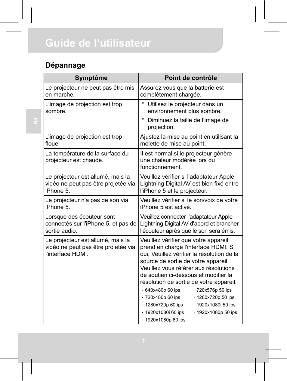 Guide de l’utilisateur, Dépannage | AIPTEK MobileCinema i55 User Manual | Page 27 / 83