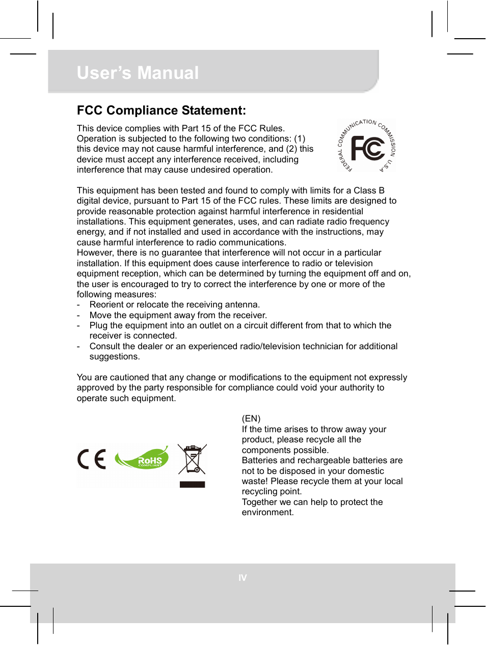 User’s manual, Fcc compliance statement | AIPTEK MobileCinema i55 User Manual | Page 4 / 83