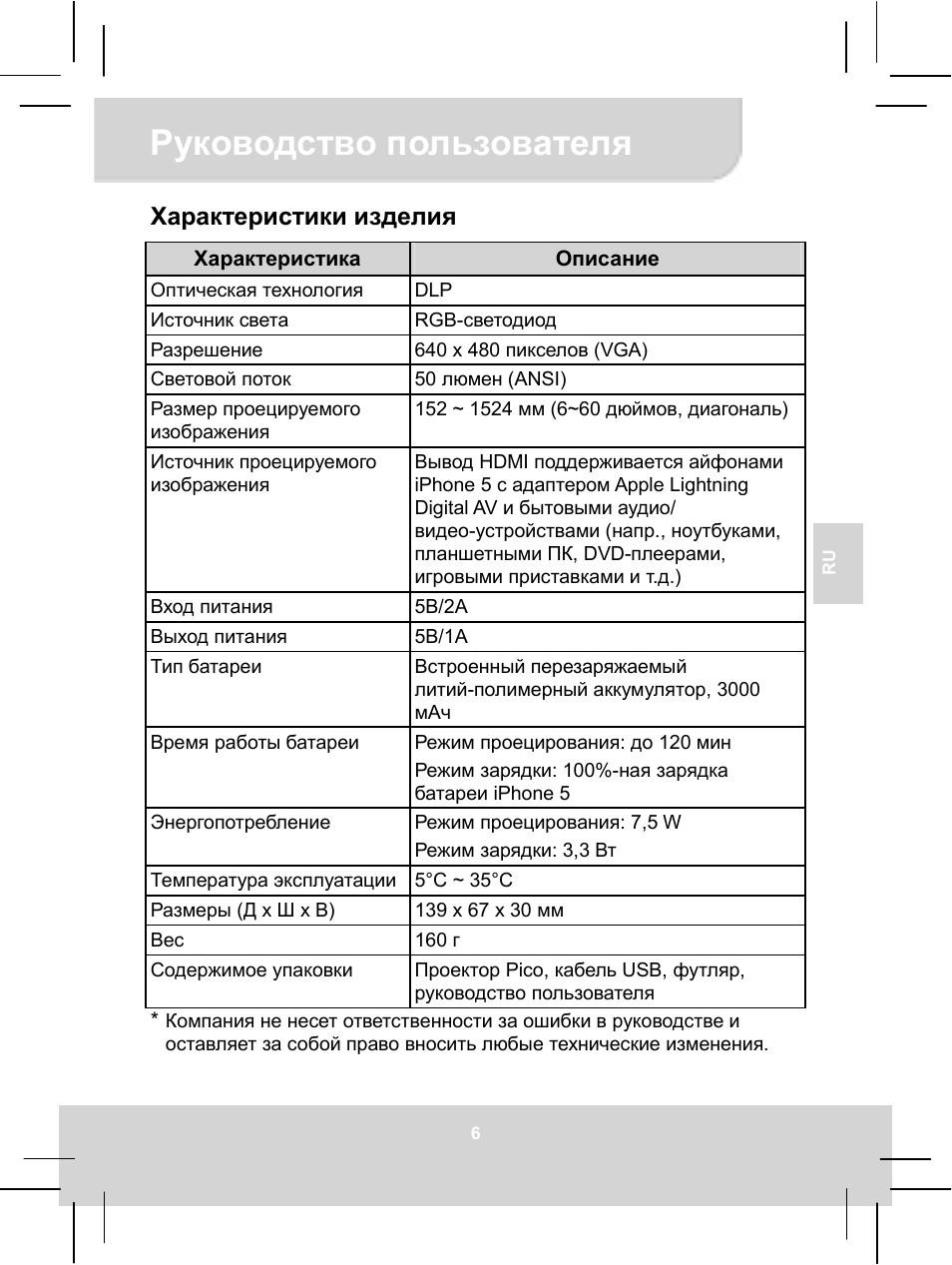 Руководство пользователя, Характеристики изделия | AIPTEK MobileCinema i55 User Manual | Page 40 / 83