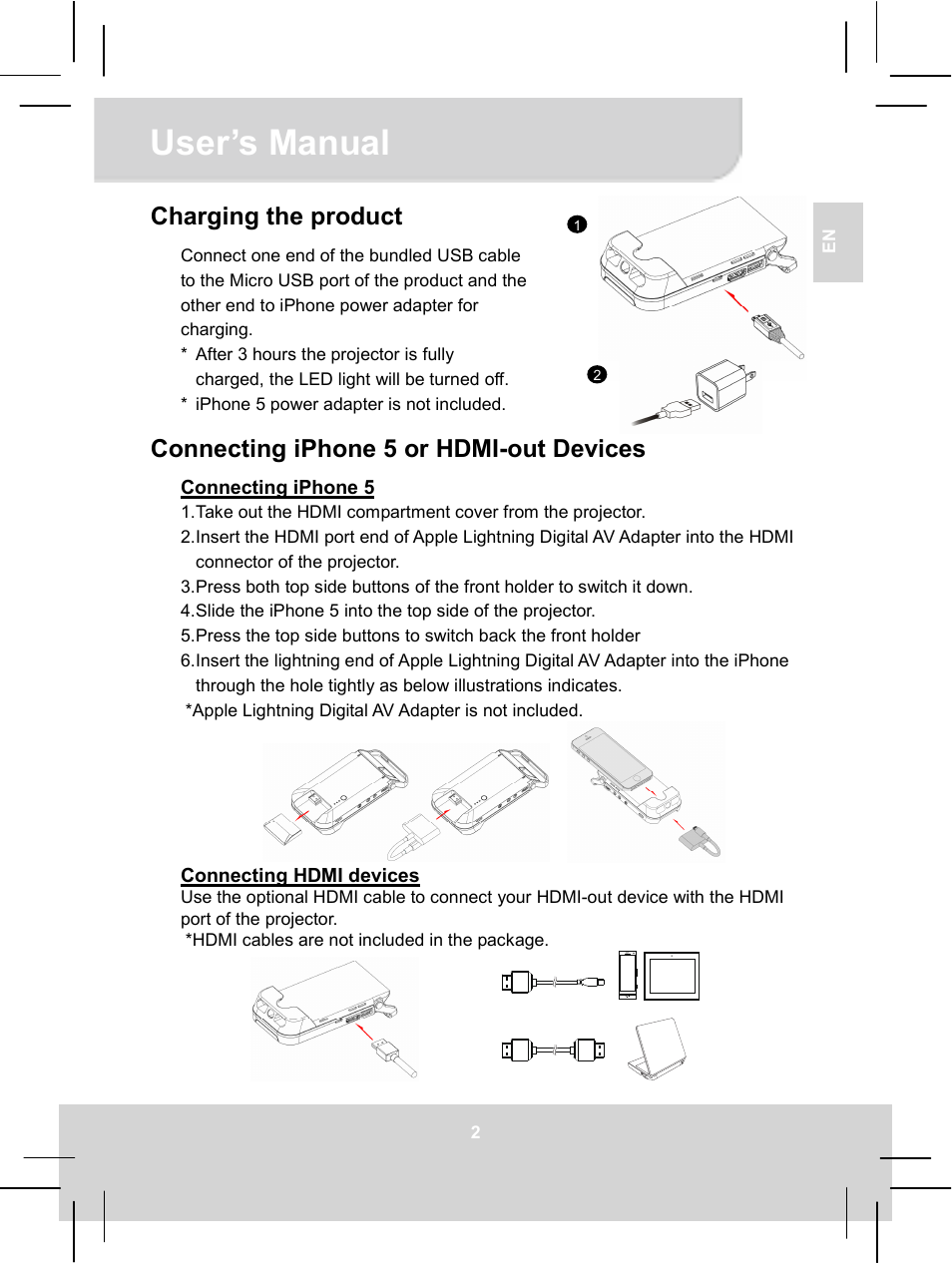 User’s manual, Charging the product, Connecting iphone 5 or hdmi-out devices | AIPTEK MobileCinema i55 User Manual | Page 8 / 83