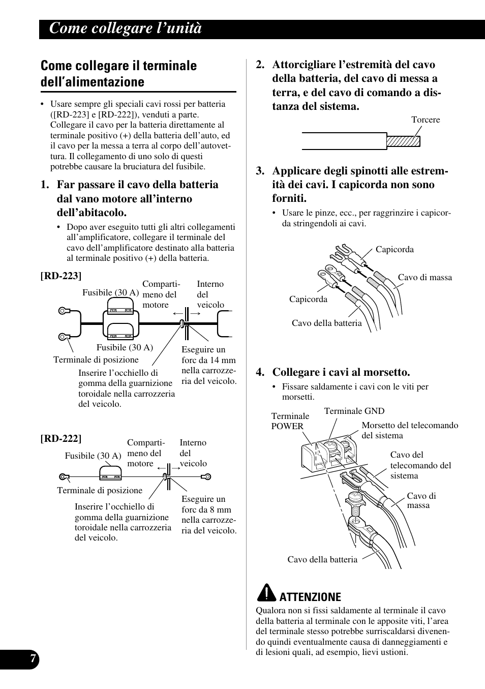 Come collegare il terminale, Dell’alimentazione, Come collegare l’unità | Come collegare il terminale dell’alimentazione | Pioneer PRS-D1000M User Manual | Page 72 / 114